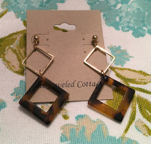 Load image into Gallery viewer, Retro, Tortoise Shell, Geometric, Double Square, Resin and Metal, Drop Earrings