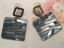 Load image into Gallery viewer, Retro, Geometric, Square, Resin, Drop Earrings with Goldtone Square Push Back in Slate Grey Colorations