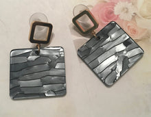 Load image into Gallery viewer, Retro, Geometric, Square, Resin, Drop Earrings with Goldtone Square Push Back in Slate Grey Colorations