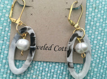 Load image into Gallery viewer, NEW STYLE! Retro, Black, Grey and Cream Tortoise Shell, Geometric, Oval, Resin, Drop Earrings with Pearl Drop