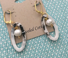 Load image into Gallery viewer, NEW STYLE! Retro, Black, Grey and Cream Tortoise Shell, Geometric, Oval, Resin, Drop Earrings with Pearl Drop