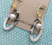 Load image into Gallery viewer, NEW STYLE! Retro, Black, Grey and Cream Tortoise Shell, Geometric, Oval, Resin, Drop Earrings with Pearl Drop