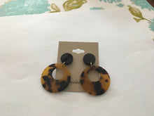 Load image into Gallery viewer, Retro, Dark Tortoise Shell, Geometric, Circle Drop, Resin Earrings with Smaller Black Circle Push Back