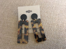 Load image into Gallery viewer, Large, Retro, Dark Tortoise Shell, Geometric, Rectangular, Resin, Drop Earrings with Black Circular Push Back