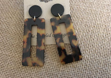 Load image into Gallery viewer, Large, Retro, Dark Tortoise Shell, Geometric, Rectangular, Resin, Drop Earrings with Black Circular Push Back