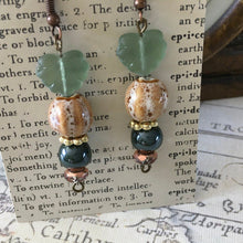Load image into Gallery viewer, Czech Glass, Boho, Hand Crafted, Earrings in Blue Grey and Mocha Colored Ceramic Beads with Frosted Blue Green Colored Czech Glass Leaves