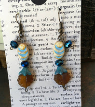 Load image into Gallery viewer, Czech Glass, Boho,Hand Crafted, Earrings in Blue/Cream Ceramic Beads with Robin's Egg Blue Colored Glass Flowers and Amber Colored Leaves