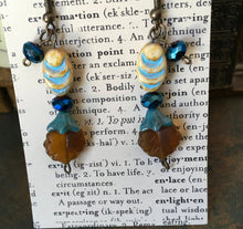 Load image into Gallery viewer, Czech Glass, Boho,Hand Crafted, Earrings in Blue/Cream Ceramic Beads with Robin's Egg Blue Colored Glass Flowers and Amber Colored Leaves