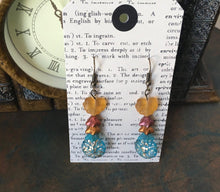 Load image into Gallery viewer, Czech Glass, Boho,Hand Crafted, Earrings in Blue/Gold Czech Glass Beads with Copper Colored Glass Flowers and Frosted Amber Colored Leaves