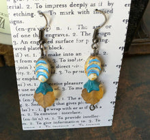 Load image into Gallery viewer, Czech Glass, Boho,Hand Crafted, Earrings in Blue/Cream Ceramic Beads with Robin's Egg Blue Colored Glass Flowers and Amber Colored Leaves