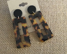 Load image into Gallery viewer, Large, Retro, Dark Tortoise Shell, Geometric, Rectangular, Resin, Drop Earrings with Black Circular Push Back