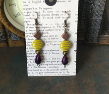 Load image into Gallery viewer, Czech Glass, Boho, Hand Crafted, Beaded Earrings in Lime/Gold Czech Glass with Copper Colored Findings and Amethyst Colored Faceted Drop