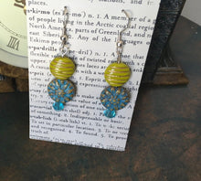 Load image into Gallery viewer, Czech Glass, Boho,Hand Crafted, Beaded Earrings in Aqua/Bronze Czech Glass Beads, Lime Green/Gold Czech Beads and Aqua Swarovski Crystal