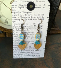 Load image into Gallery viewer, Czech Glass, Boho,Hand Crafted, Earrings in Blue/Cream Ceramic Beads with Robin's Egg Blue Colored Glass Flowers and Amber Colored Leaves