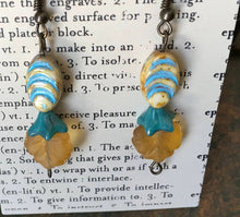 Load image into Gallery viewer, Czech Glass, Boho,Hand Crafted, Earrings in Blue/Cream Ceramic Beads with Robin's Egg Blue Colored Glass Flowers and Amber Colored Leaves