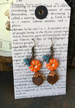 Load image into Gallery viewer, Czech Glass, Boho,Hand Crafted, Earrings in Sunburst Orange Czech Glass Beads W/ Aqua Colored Glass Flowers and Amber Colored Glass Leaves