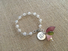 Load image into Gallery viewer, For the Bride, Vintage Style, Handcrafted Bracelet with Clear faceted Glass beads, Live, Laugh, Love, Charm, Czech Glass florals and pearl