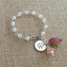 Load image into Gallery viewer, For the Bride, Vintage Style, Handcrafted Bracelet with Clear faceted Glass beads, Live, Laugh, Love, Charm, Czech Glass florals and pearl