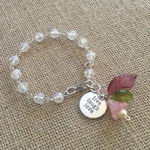 Load image into Gallery viewer, For the Bride, Vintage Style, Handcrafted Bracelet with Clear faceted Glass beads, Live, Laugh, Love, Charm, Czech Glass florals and pearl