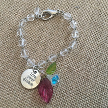 Load image into Gallery viewer, For the Bride, Vintage Style, Handcrafted Bracelet with Clear faceted Glass beads, Live Your Dream Charm, Czech Glass and Lucite florals