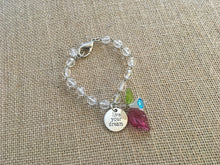 Load image into Gallery viewer, For the Bride, Vintage Style, Handcrafted Bracelet with Clear faceted Glass beads, Live Your Dream Charm, Czech Glass and Lucite florals