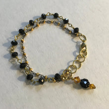 Load image into Gallery viewer, Delicate and feminine double layered, Black onyx wire wrapped beaded chain W/ 18K gold beaded chain and swarovski amber colored crystal drop