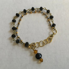 Load image into Gallery viewer, Delicate and feminine double layered, Black onyx wire wrapped beaded chain W/ 18K gold beaded chain and swarovski amber colored crystal drop