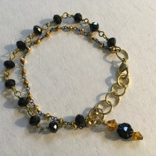 Load image into Gallery viewer, Delicate and feminine double layered, Black onyx wire wrapped beaded chain W/ 18K gold beaded chain and swarovski amber colored crystal drop