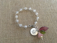 Load image into Gallery viewer, For the Bride, Vintage Style, Handcrafted Bracelet with Clear faceted Glass beads, Live, Laugh, Love, Charm, Czech Glass florals and pearl