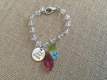 Load image into Gallery viewer, For the Bride, Vintage Style, Handcrafted Bracelet with Clear faceted Glass beads, Live Your Dream Charm, Czech Glass and Lucite florals