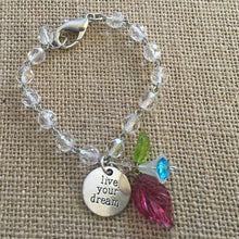 Load image into Gallery viewer, For the Bride, Vintage Style, Handcrafted Bracelet with Clear faceted Glass beads, Live Your Dream Charm, Czech Glass and Lucite florals
