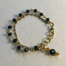 Load image into Gallery viewer, Delicate and feminine double layered, Black onyx wire wrapped beaded chain W/ 18K gold beaded chain and swarovski amber colored crystal drop