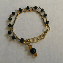Load image into Gallery viewer, Delicate and feminine double layered, Black onyx wire wrapped beaded chain W/ 18K gold beaded chain and swarovski amber colored crystal drop