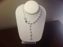 Load image into Gallery viewer, For the Bride, Vintage Style, Handcrafted, Bridal Y Necklace with Glass and Freshwater Pearls, and Silver Tone, Leaf Toggle Clasp