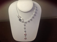 Load image into Gallery viewer, For the Bride, Vintage Style, Handcrafted, Bridal Y Necklace with Glass and Freshwater Pearls, and Silver Tone, Leaf Toggle Clasp