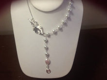 Load image into Gallery viewer, For the Bride, Vintage Style, Handcrafted, Bridal Y Necklace with Glass and Freshwater Pearls, and Silver Tone, Leaf Toggle Clasp