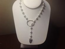 Load image into Gallery viewer, For the Bride, Vintage Style, Handcrafted, Bridal Y Necklace with White Glass Pearls, Silver Tone, Circle Toggle and Grapes Dangle