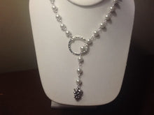Load image into Gallery viewer, For the Bride, Vintage Style, Handcrafted, Bridal Y Necklace with White Glass Pearls, Silver Tone, Circle Toggle and Grapes Dangle