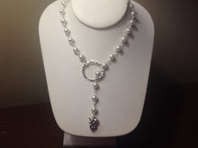 Load image into Gallery viewer, For the Bride, Vintage Style, Handcrafted, Bridal Y Necklace with White Glass Pearls, Silver Tone, Circle Toggle and Grapes Dangle
