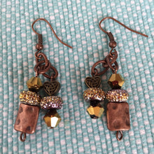 Load image into Gallery viewer, Earrings, Hand Crafted, Amber Colored Beads with Hammered Metal Square Beads, Swarovski Crystals and heart shaped metal bead W/ Celtic Knot.