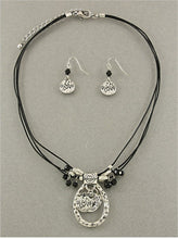 Load image into Gallery viewer, Inspirational, Dream, Love, Wish, Pendant, Charm Necklace and Earring Set in Silvertone Colorations on Leather cord.