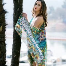 Load image into Gallery viewer, SALE-Luxurious, 100% Silk  Shawl, # 10 Beach Cover or Scarf in Red, Yellow, Turquoise, Blue, Green and Cream Colorations
