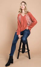 Load image into Gallery viewer, Cotton Bleu-Women’s Top #13077-WAS $59.00, Now $39.99- Shirt in Rust with small Floral print Inlay
