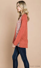 Load image into Gallery viewer, Cotton Bleu-Women’s Top #13077-WAS $59.00, Now $39.99- Shirt in Rust with small Floral print Inlay
