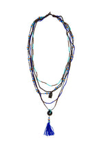 Load image into Gallery viewer, Ethnic, Multi Strand Indigo Blue, Brown and Turquoise Coin Tassel Necklace with Buddha Charm-OJ-COIN-IND
