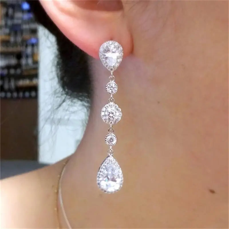 Luxury Bridal Earrings with Silver-Tone Setting and Clear Crystal Pear Design