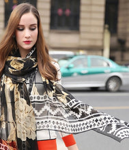 Load image into Gallery viewer, SALE-Luxurious, 100% Silk  Shawl, # 8 Beach Cover or Scarf in Dark Navy, Cream and Beige Colorations
