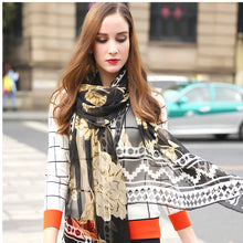 Load image into Gallery viewer, SALE-Luxurious, 100% Silk  Shawl, # 8 Beach Cover or Scarf in Dark Navy, Cream and Beige Colorations
