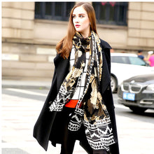 Load image into Gallery viewer, SALE-Luxurious, 100% Silk  Shawl, # 8 Beach Cover or Scarf in Dark Navy, Cream and Beige Colorations
