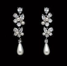 Load image into Gallery viewer, Lovely, Petitie, Crystal Earrings for the Bride with White Glass Pearl drop and CZ crystal inlay
